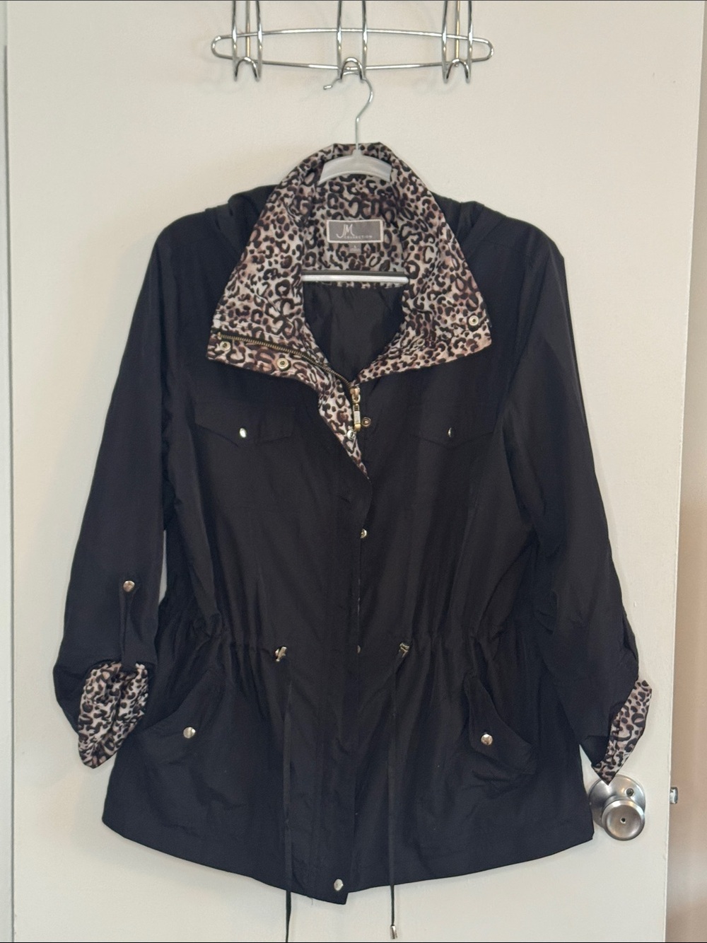 JM Collection Black water resistant Utility Jacket with Leopard-Print Trim